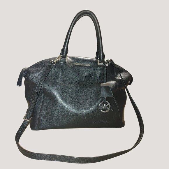 Michael Michael Kors Riley Black Leather Satchel Shoulder Bag  MK Charm Detachab - Picture 2 of 10